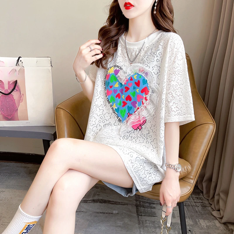 短袖T恤女夏韩版网纱花边圆领新款镂空蕾丝大码爱心印花宽松上衣