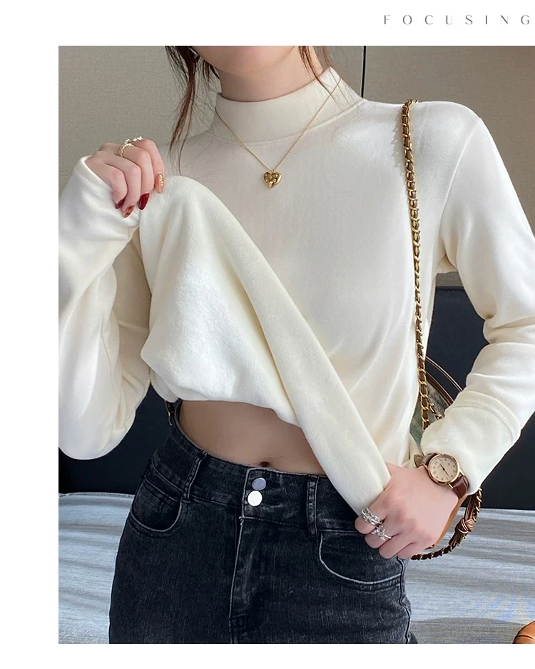 【现货+运费险】半高领加绒加厚螺纹打底衣冬款百搭纯色长袖修身