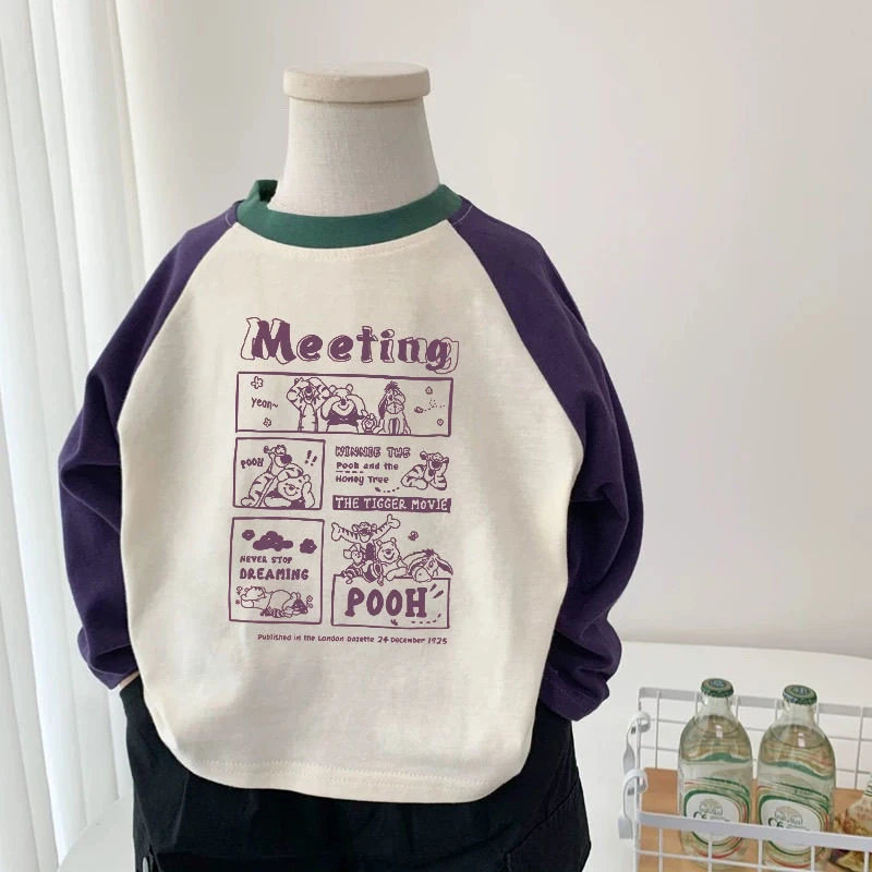 儿童长袖T恤2025春薄款男女童圆领撞色T恤宝宝宽松印花打底衫上衣