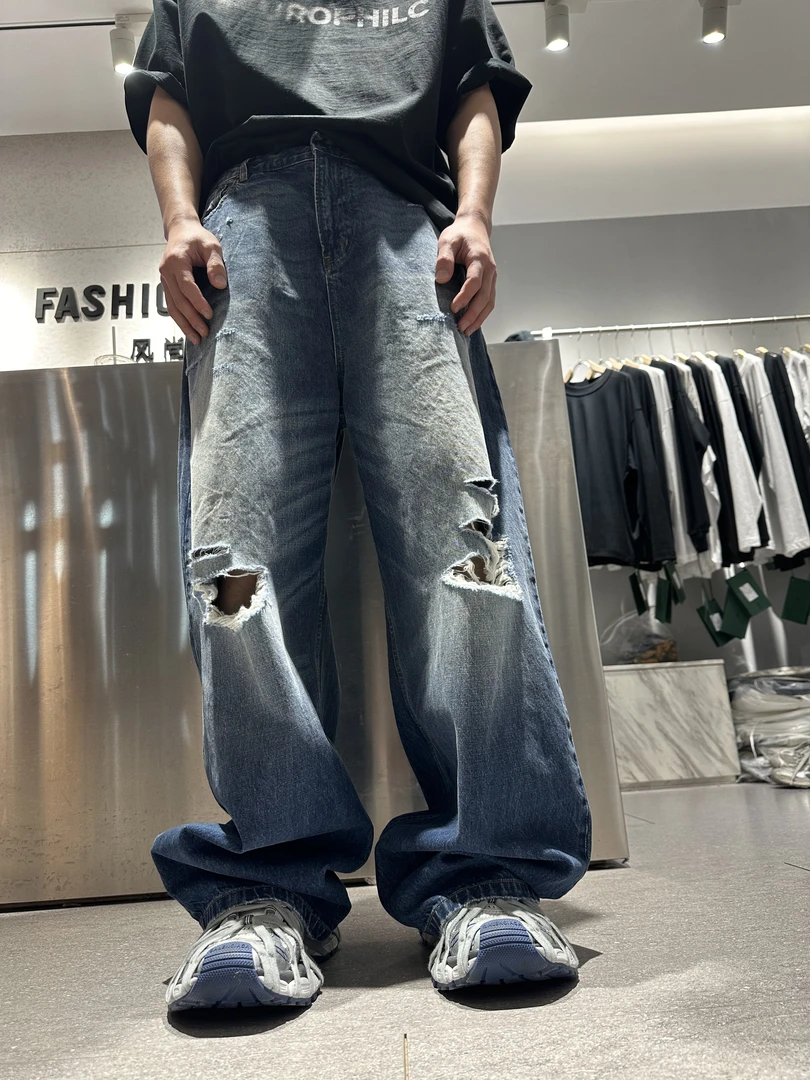 复古潮牌水洗重工解构感破洞牛仔裤