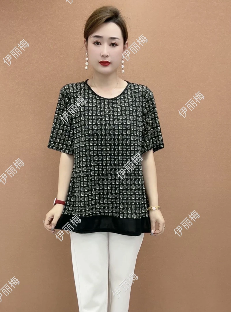 夏季印花T洋气港风中老年女装薄款休闲风显瘦圆领气质中长款大码