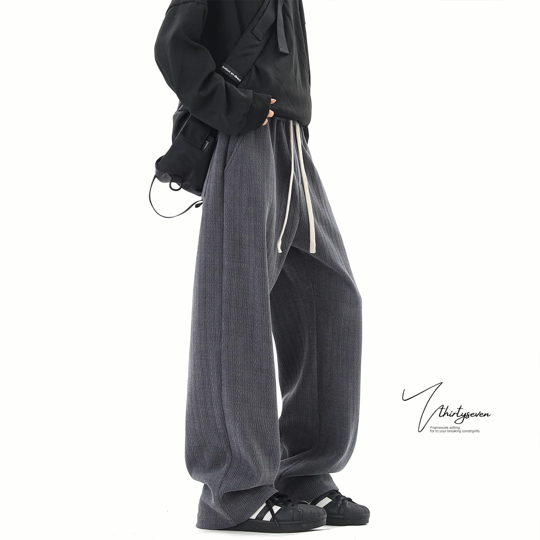 V37麦穗纹运动卫裤男秋美式重磅垂感宽松直筒裤弯休闲阔腿裤子