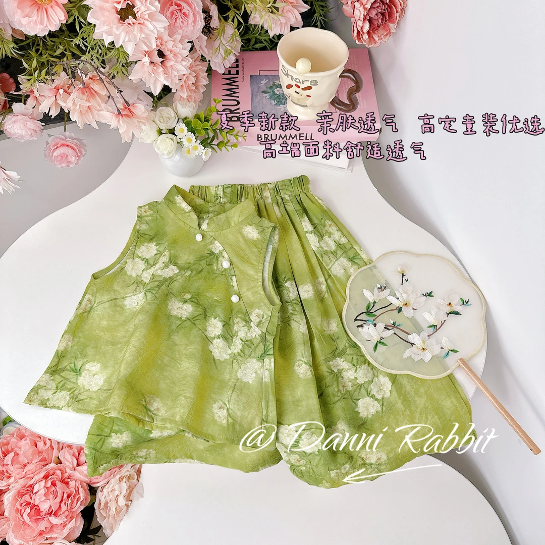 【Dannirabbit】夏款女童旗袍背心套装+满印蔷薇花 X-8119