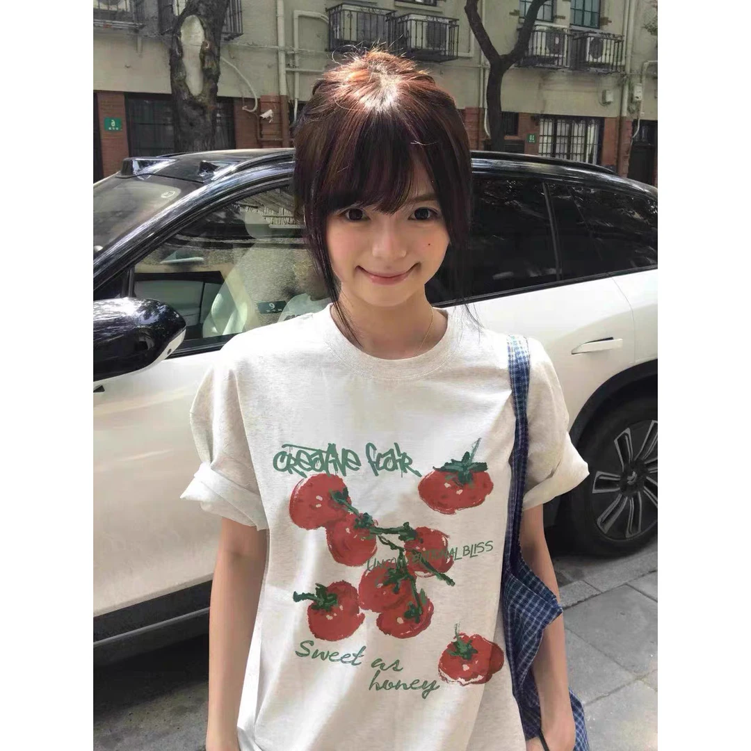 夏季圆领宽松艺术番茄创意插画设计印花短袖高级感百搭休闲上衣