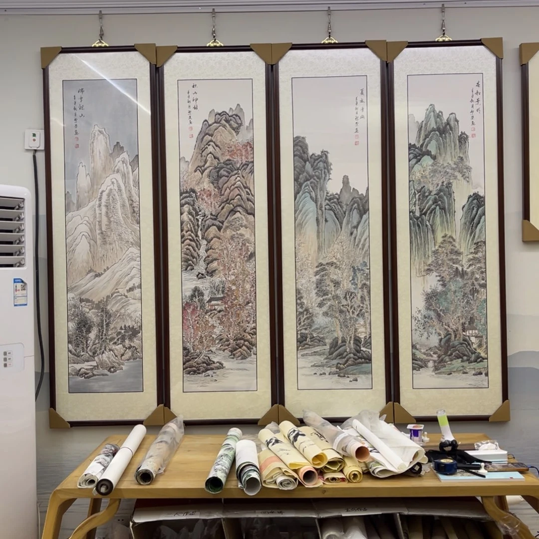 国画四尺工笔山水春夏秋冬四条屏画框164×196