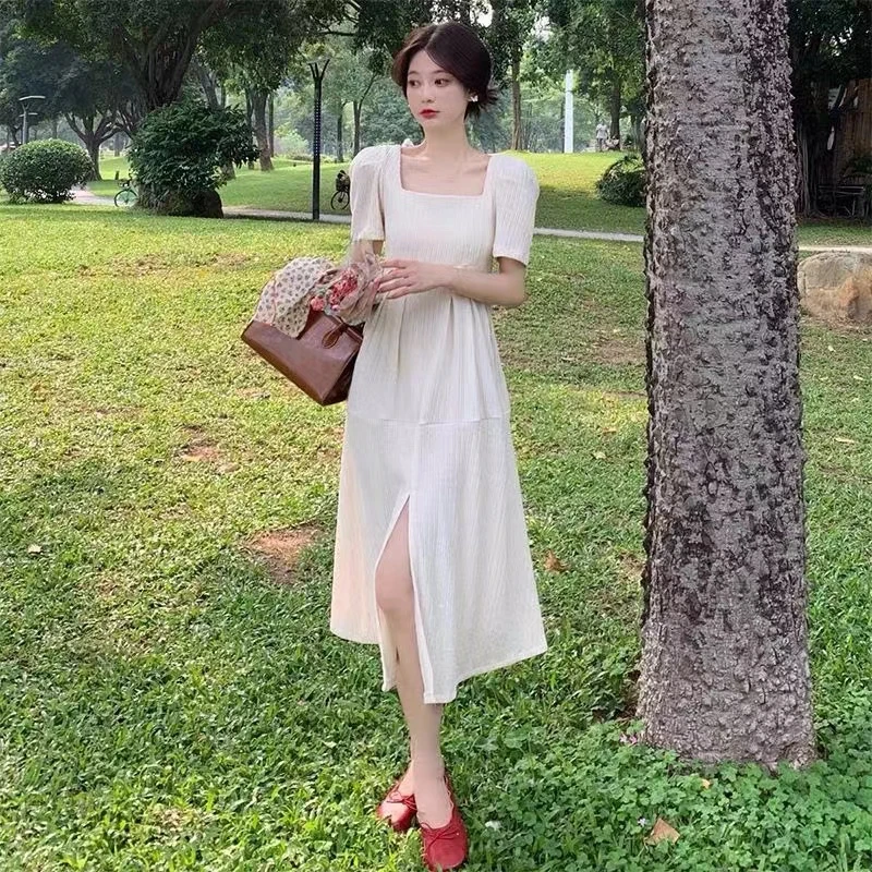 L2044夏季2025新款法式高级赫本风设计感小众收腰方领连衣裙