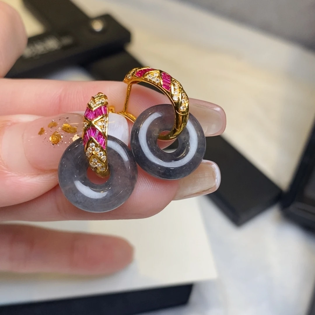 翡翠耳饰18K金镶嵌甜甜圈