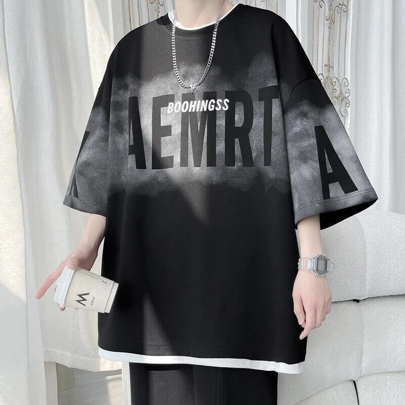 特大码300斤重磅渐变色短袖T恤男装夏季薄款潮牌印花潮流痞帅上衣