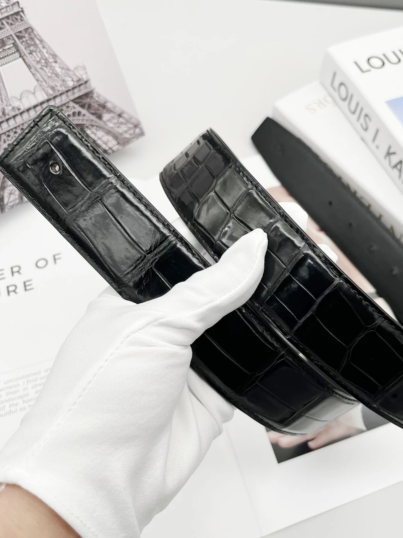 3.8宽 亮面 打孔 鳄鱼皮腰带 鳄鱼腹皮 休闲男款平滑扣 黑色