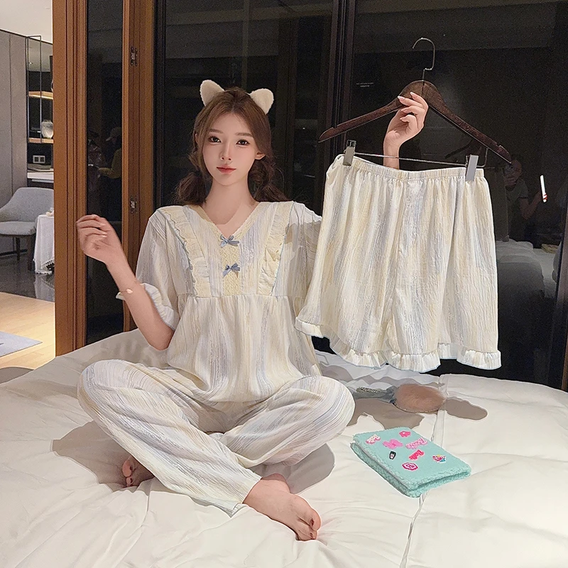 【三件套】大码睡衣女春夏公主风韩版V领家居服套装120斤到260斤穿