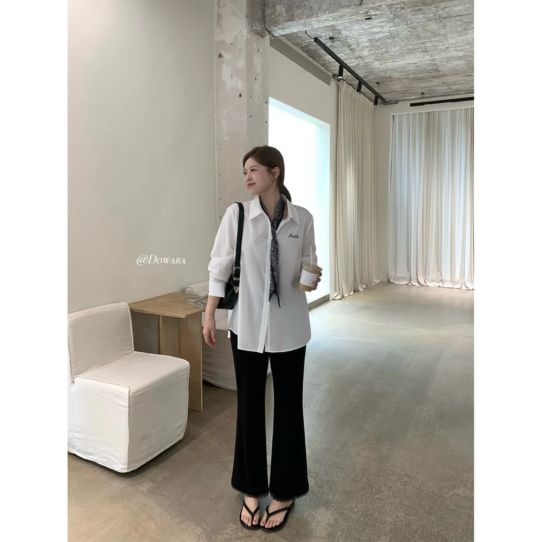 现货大婉酱微胖定制春季新款韩系刺绣衬衫女设计感通勤衬衣6936D