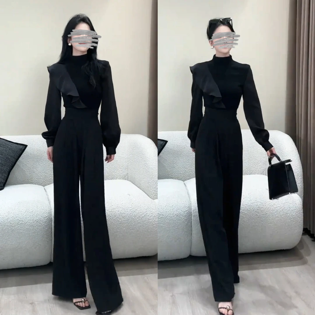 2025新款半高领长袖T恤女时尚修身显瘦上衣+百搭显高显瘦拖地裤