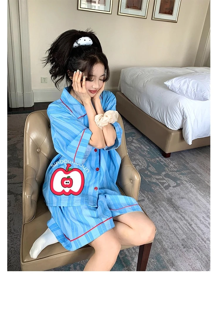 慵懒风翻领短袖家居服夏季休闲薄款云朵棉睡衣女ins韩版条纹套装