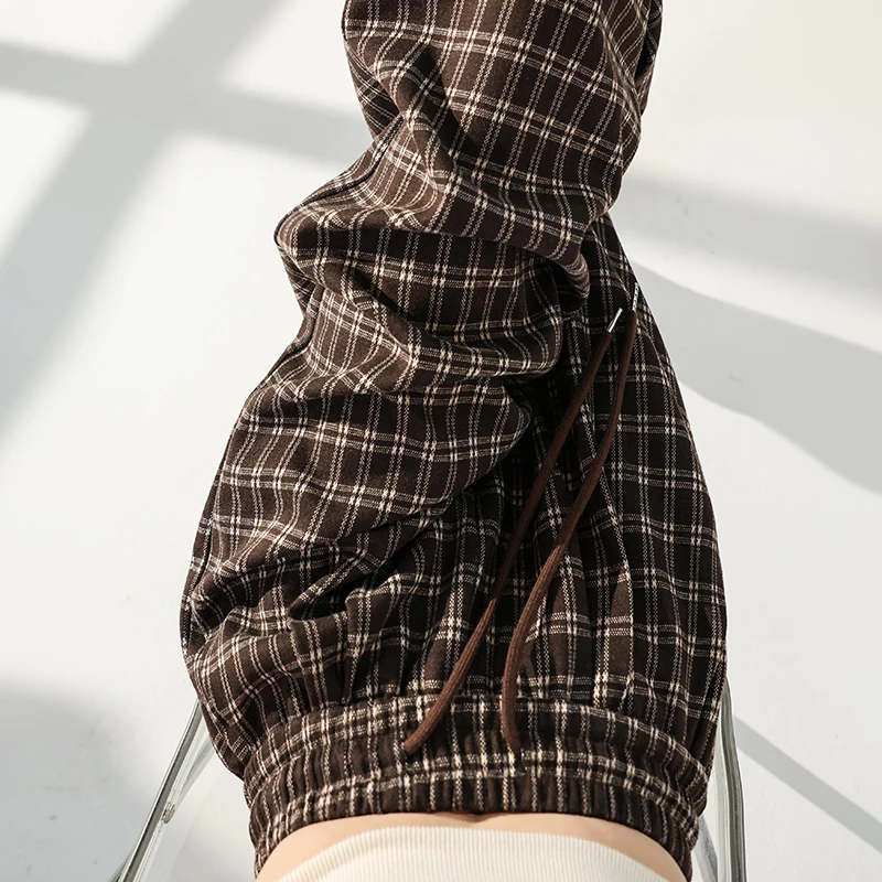 拉夏贝尔美拉德咖色格子裤女装秋款爆款2025新款高腰休闲阔腿裤子
