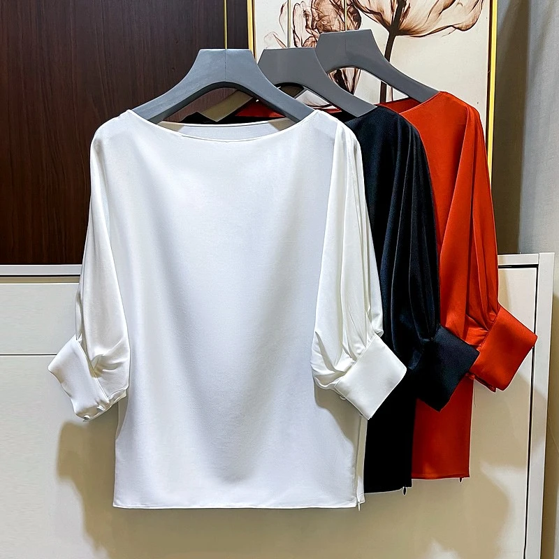 一字领重磅真丝白衬衫女缎面打底衬衣气质桑蚕丝上衣七分袖小众