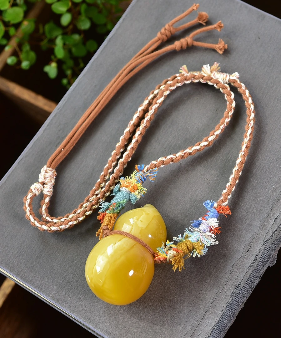 纯天然俄料鸡油黄蜜蜡立体葫芦吊坠项链 无烤色圆鼓鼓 品质无瑕疵