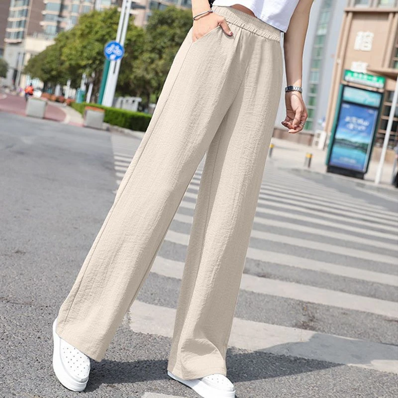 垂坠感棉麻阔腿裤女2025夏季高腰宽松显瘦松紧腰直筒休闲裤子垂感