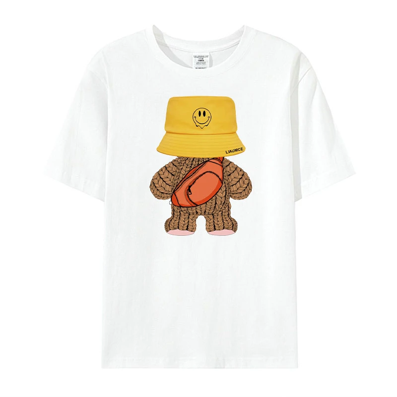 纯棉T恤圆领潮流可爱帽子小熊印花百搭男士短袖夏季456-186