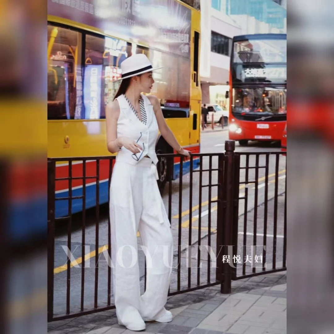 程悦夫妇【高端玩家】A-01942时尚洋气亚麻老钱风马甲+长裤套装休闲