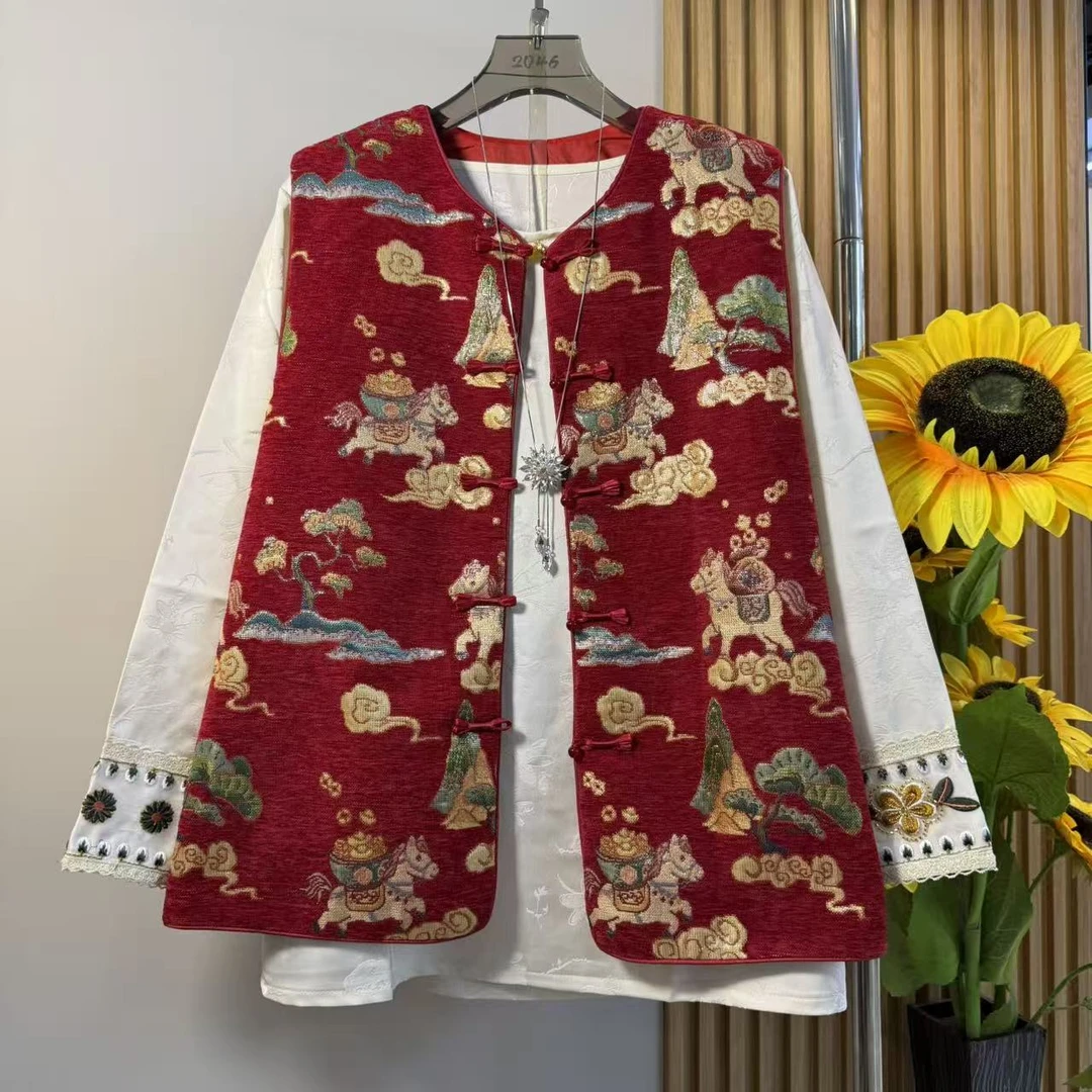 大码国风马甲胖妹妹新中式马上有钱新年200斤唐装坎肩复古马夹女