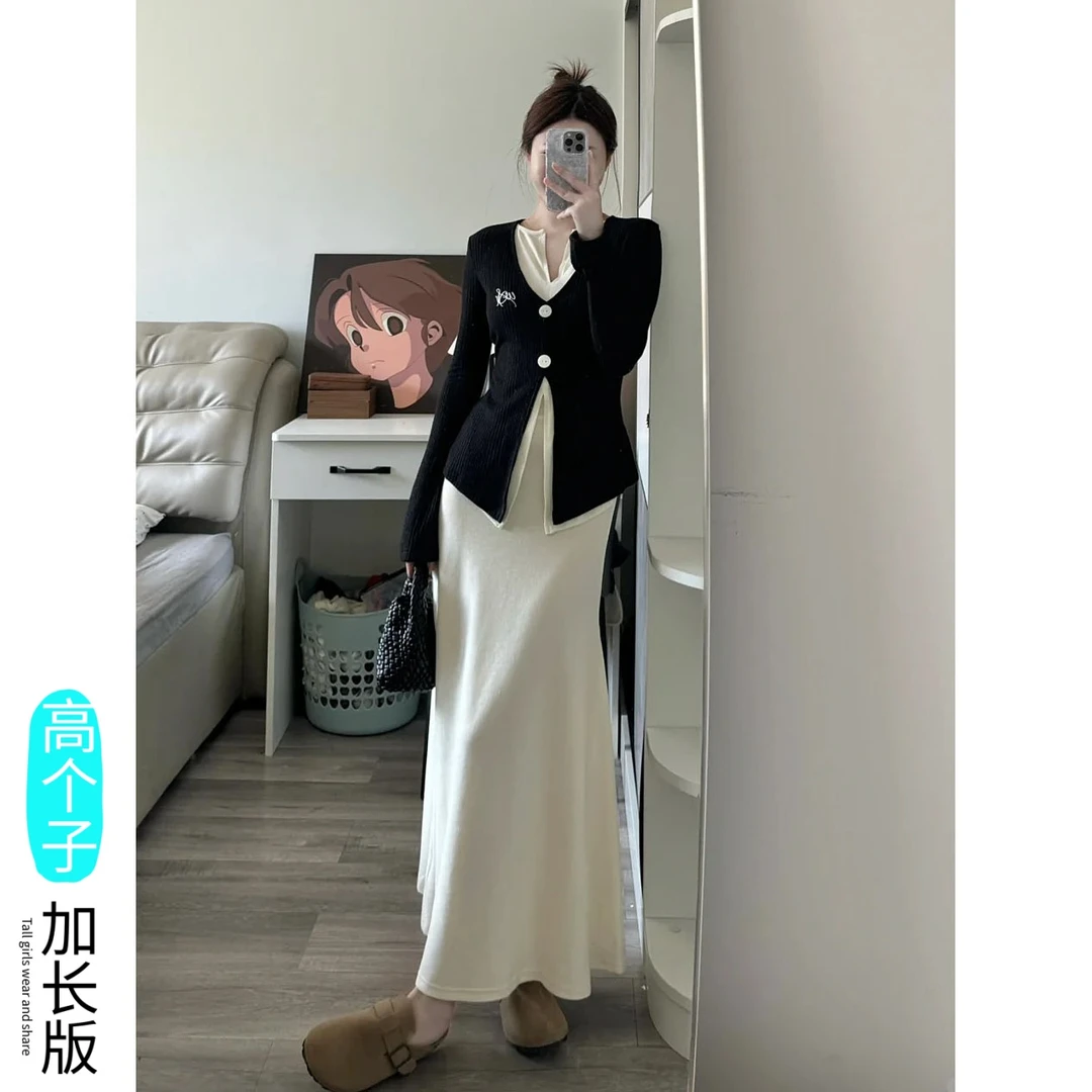 纯欲风加长版白色流光缎面半身裙女夏季175高个子度假风大摆长裙