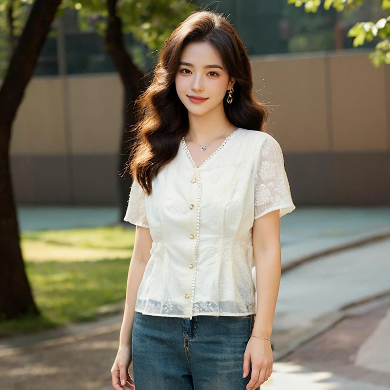 奢姿大码女装2025夏季减龄花边设计提花衬衫胖妹妹时尚V领上衣