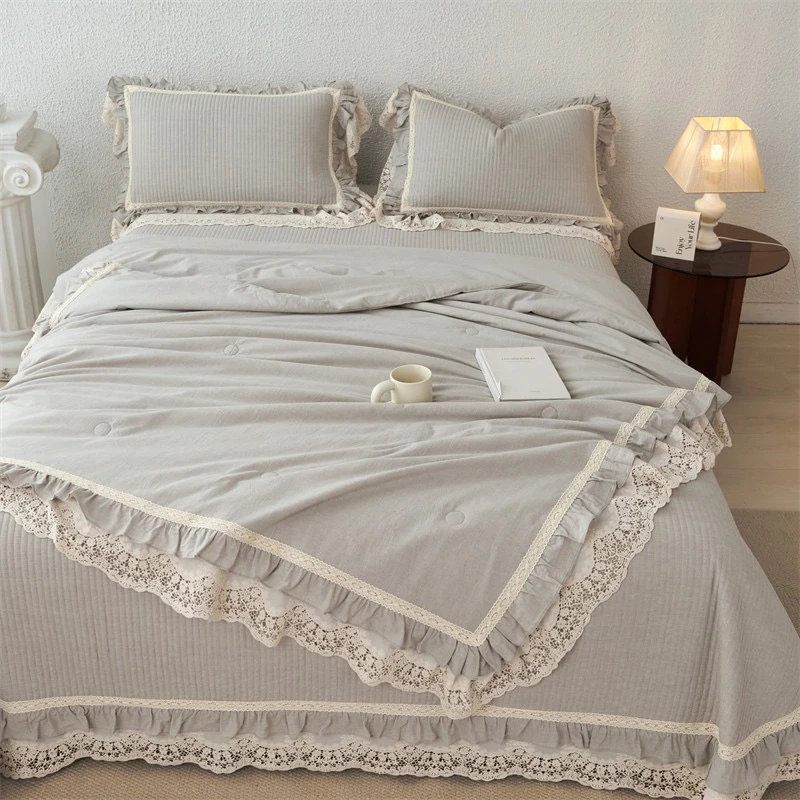 法式复古风棉麻花边床盖夏凉被四件套高端纯棉床单软凉席子空调被