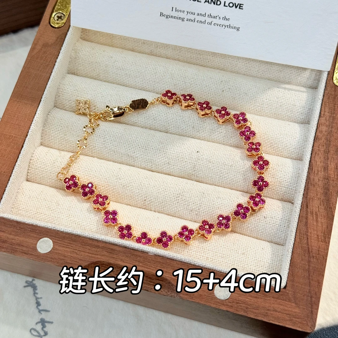 铜合金锆石手链 SL-10精致轻奢高级感玫红色四叶草手链