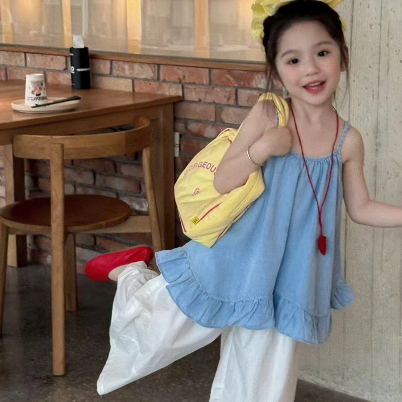 女童套装2025夏季新款儿童韩版洋气花边吊带宝宝百搭韩系阔腿裤子