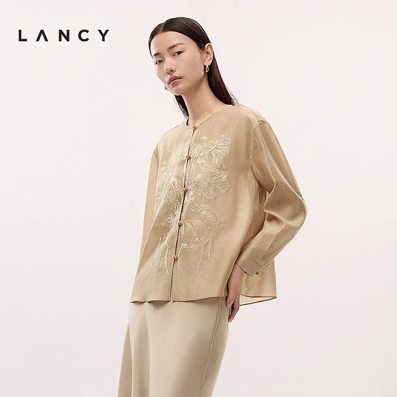 LANCY/朗姿2025夏新款优雅刺绣中式圆领衬衫女高级感气质衬衣上衣