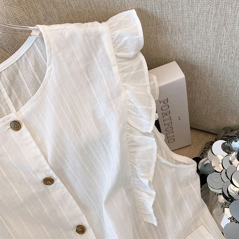 韩国设计感拼接时尚百搭夏季新款荷叶边无袖马甲背心上衣女潮