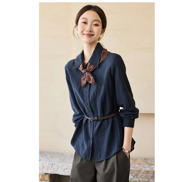 长袖复古小衫2025秋季蓝色百搭可调节腰带丝带叠穿衬衫上衣衬衣