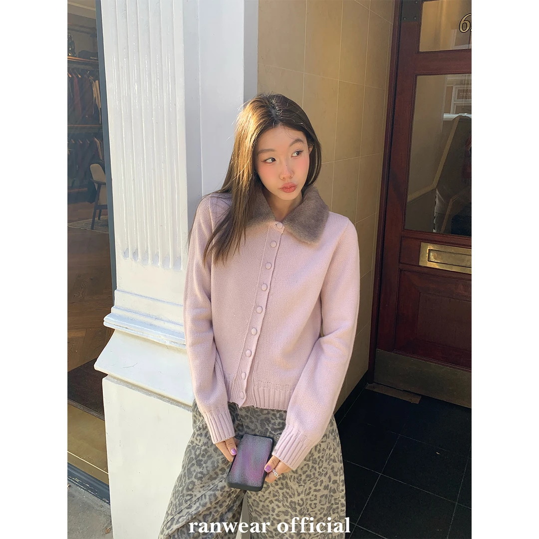 Ranwear'理想漫冬'气质毛领拼接翻领合身保暖亲肤针织开衫毛衣