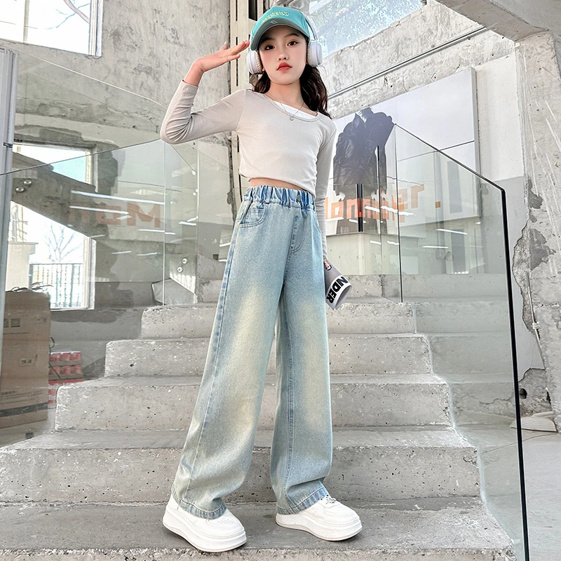 女童牛仔阔腿裤2025新款女孩春季洋气长裤中大童春秋款时髦直筒裤