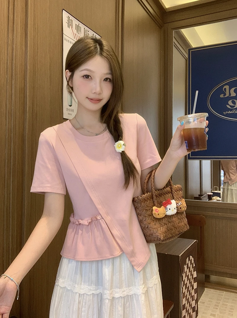 2025夏装新款大码女装时尚设计感不规则拼接短袖T恤