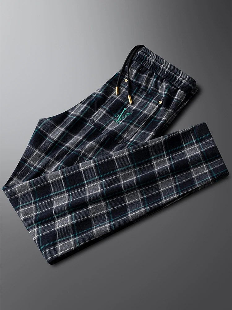 2025新款秋冬男士潮流刺绣格子休闲运动裤男款修身时尚显瘦男卫裤