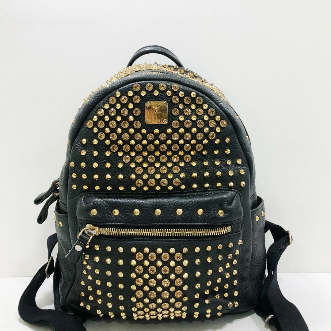 95新 MCM mcm全皮黑金满钻双肩包