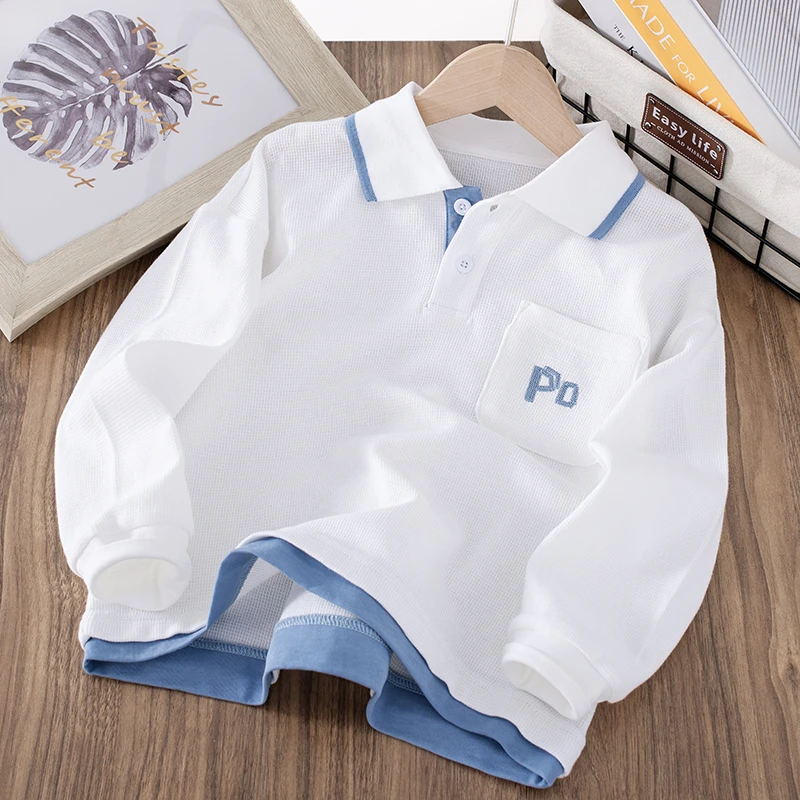 23QS21男童华夫格横机领长袖T男女童翻领假两件POLO衫韩版