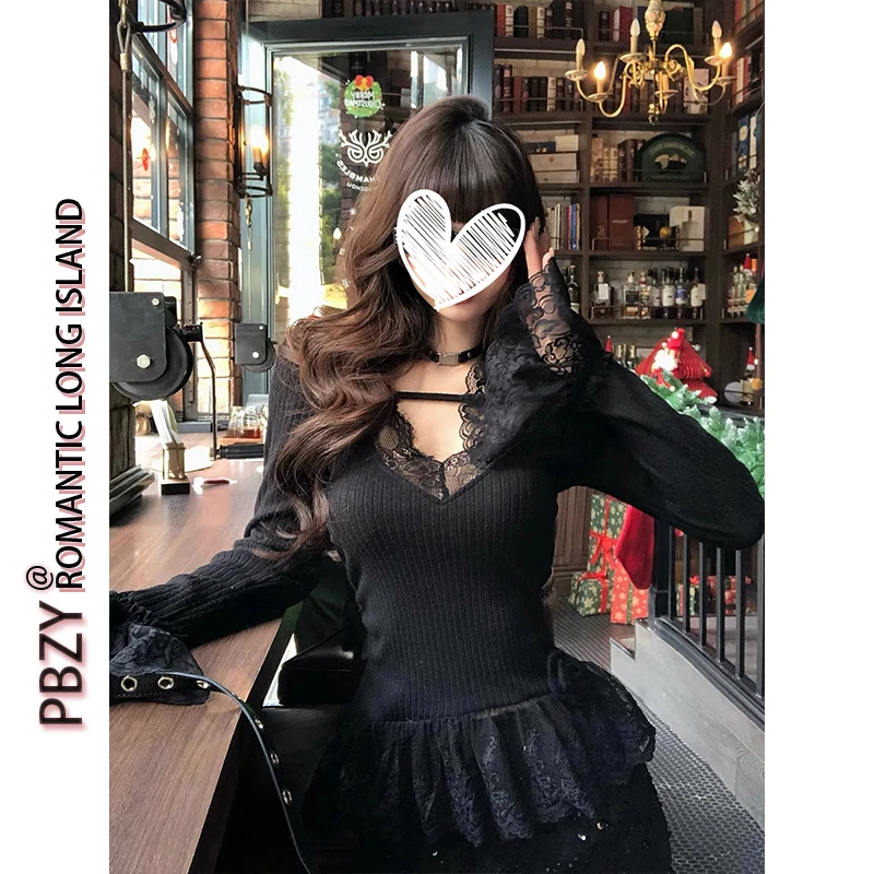 南理香慕尼黑情书 木耳边韩系蕾丝辣妹针织衫女长袖显瘦上衣9002#