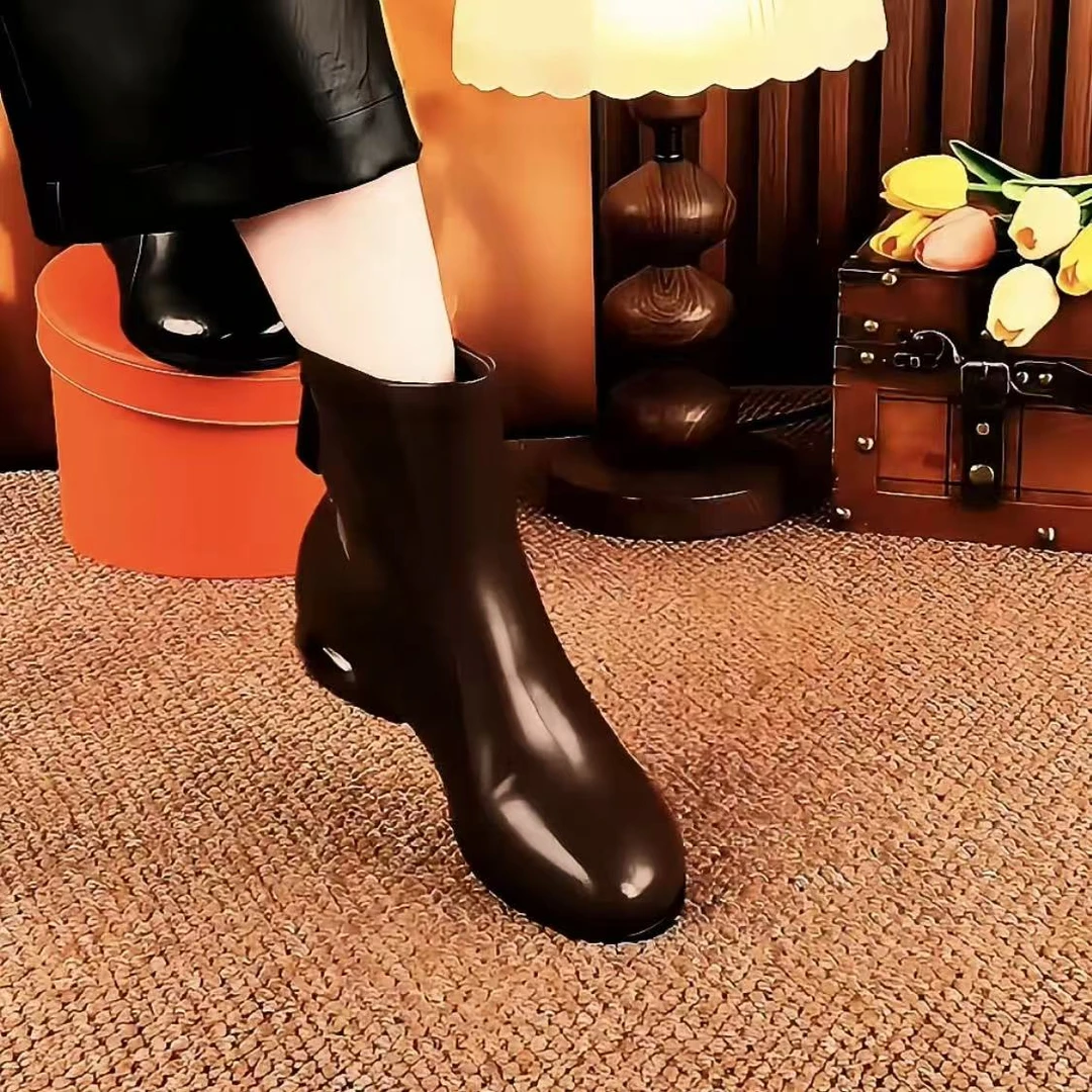 头层羊皮透气短靴保暖靴子防水烟筒靴低跟后拉链英伦风粗跟女靴子