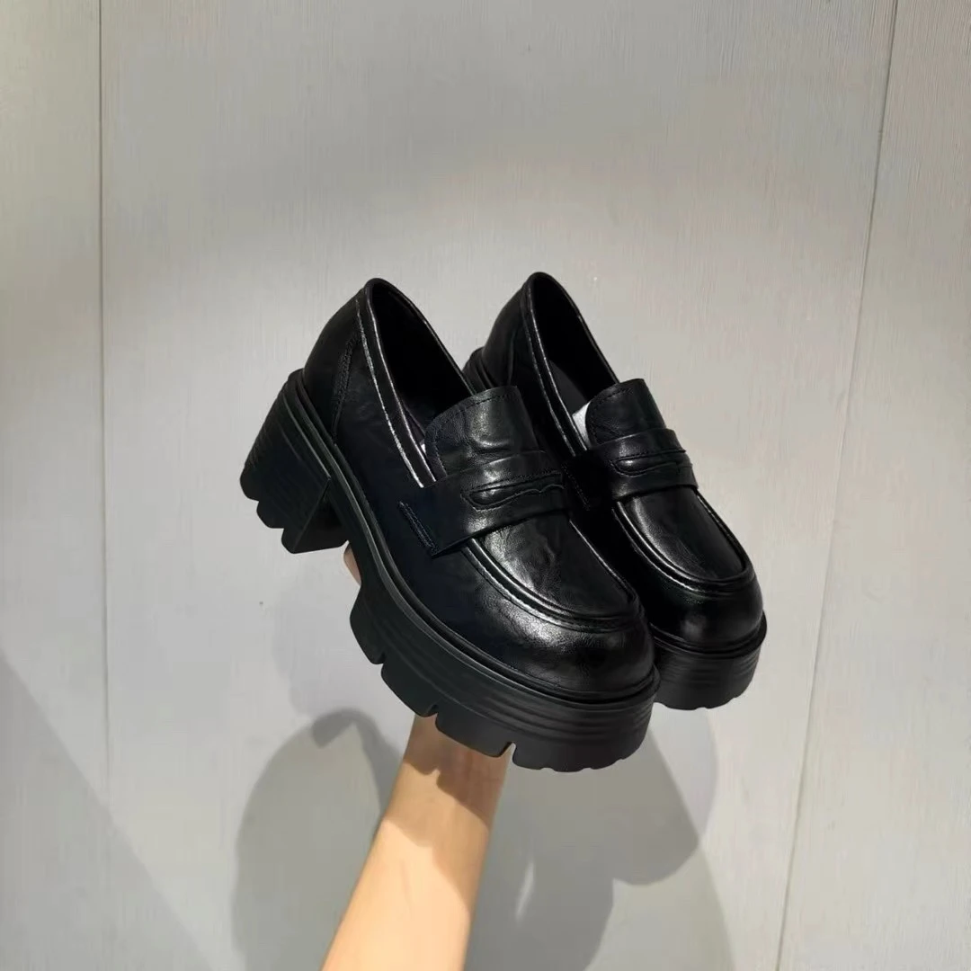 女鞋圆头厚底浅口胶粘乐福鞋秋季增高休闲A89