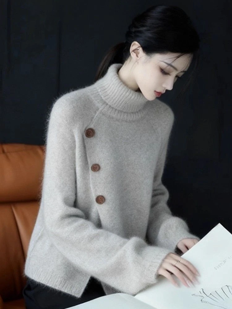专柜正品大码灰色高领长袖毛衣针织衫女2026冬季新款简约宽松上衣