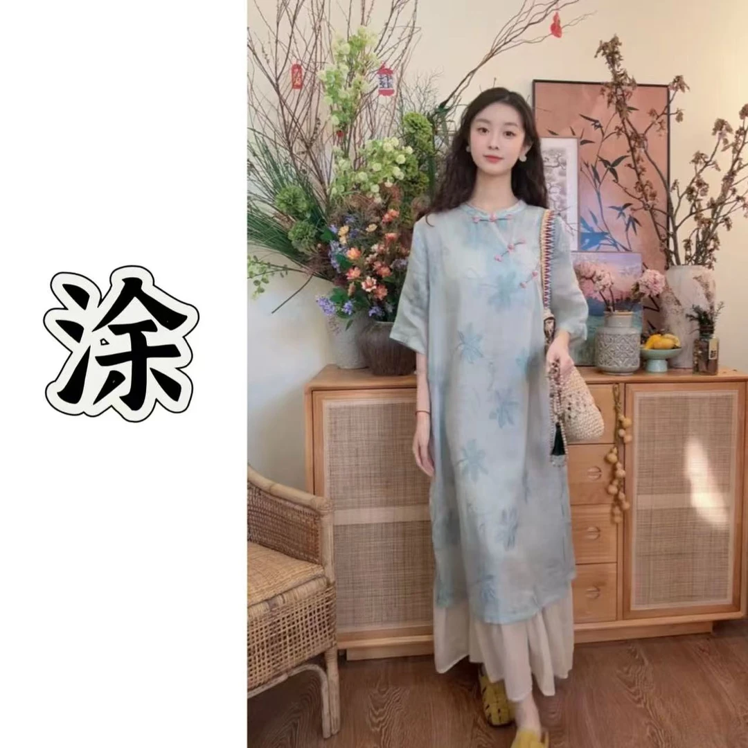 涂涂国风【花想容】原创设计新中式夏季苎麻毛巾绣连衣裙