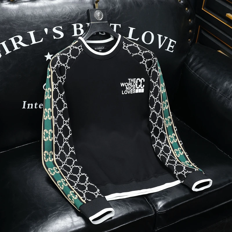 希敦纽勒欧货春季时尚卫衣男士个性潮流字母刺绣休闲圆领打底衫