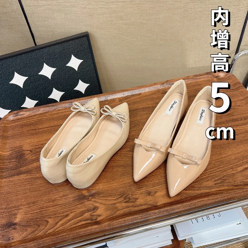 尖头内增高5CM少女蝴蝶结V口晚晚欧若风浅口性感露趾甜美气质单鞋