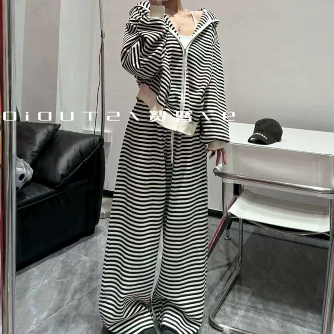 ins韩版慵懒条纹连帽显瘦女夏季新款套装