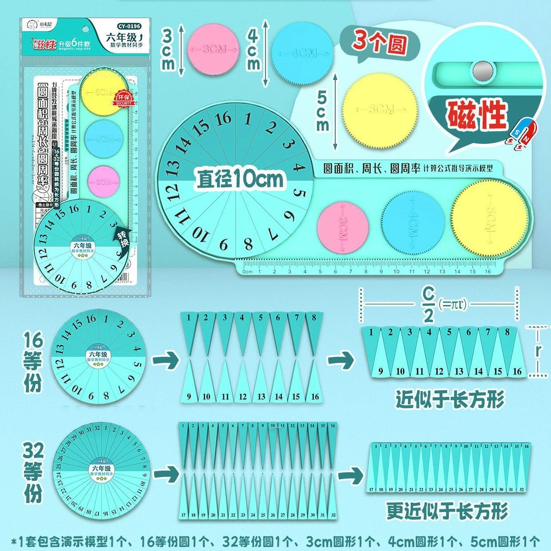 磁性16等份32等分圆的面积周长教具五六年级数学圆周率推导演示器