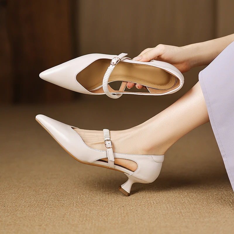 牛皮 跟高4.5CM 一字带简约百搭尖头中跟单鞋防掉跟真皮浅口单鞋