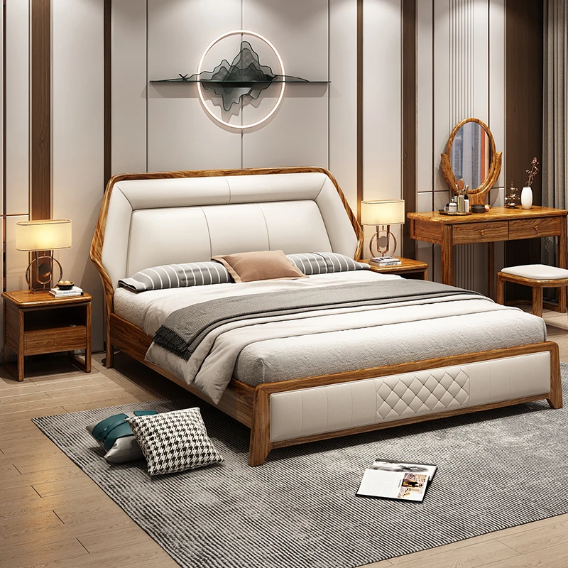 其迈森新中式乌金木实木真皮主卧1.8米双人婚床现代简约意式轻奢