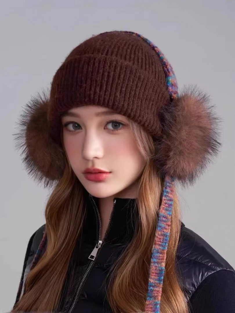 韩系简约护耳包系带针织帽子女冬季新款加厚保暖防风大头围包头帽